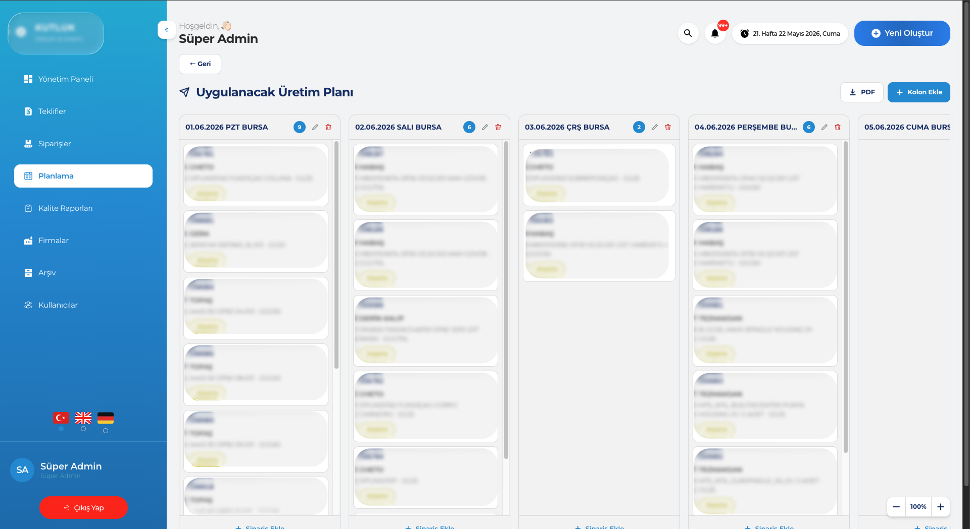 Planlama — kanban-style production planner with drag-and-drop day columns