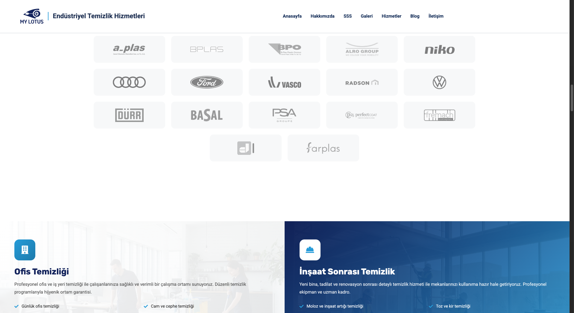 MyLotus — client logos wall (a.plas, BPLAS, BPO, Audi, Ford, VW, DURA, BASAL, PSA) and service cards